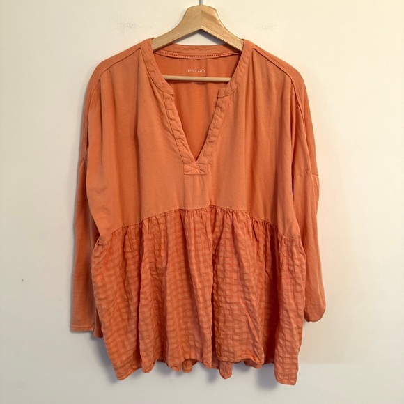 Anthropologie Pilcro Long-Sleeve Babydoll Blouse Gingham Orange Peach Top Small - Picture 5 of 8